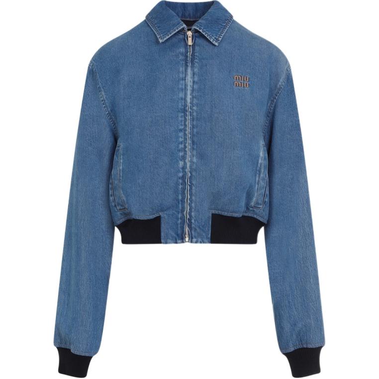 Order (W) MIU MIU Jaket Denim Cropped Lengan Panjang Logo Biru GWB218-143V-F0008-S-OOO