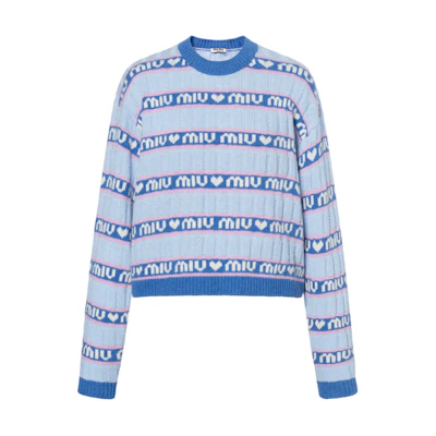 (Women) MIU MIU Blue Logo Striped Lambswool Pullover Sweater. MML427-1RR1-F0013
