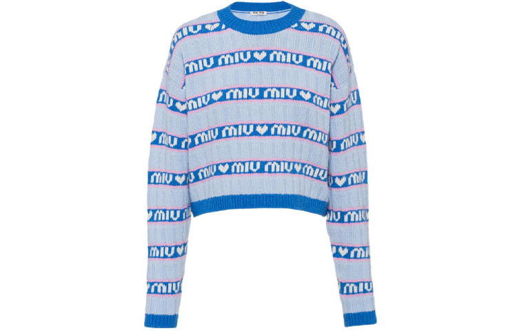 Order (Women) MIU MIU  Blue Logo Striped Lambswool Pullover Sweater. MML427-1RR1-F0013