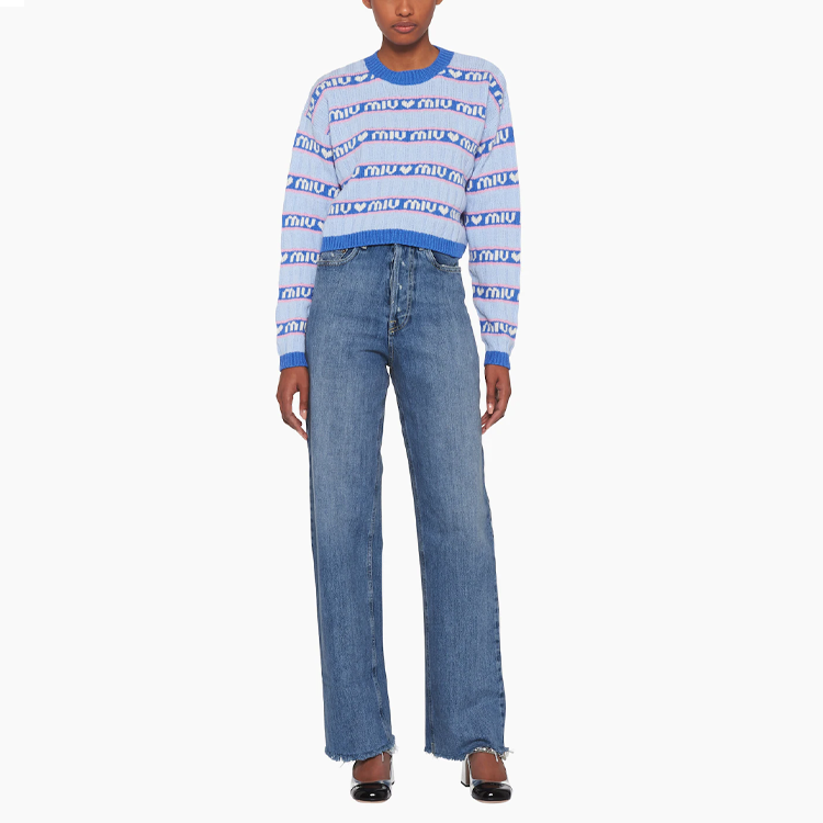 Lookbook (Women) MIU MIU  Blue Logo Striped Lambswool Pullover Sweater. MML427-1RR1-F0013