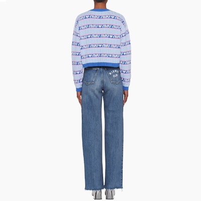 (Women) MIU MIU Blue Logo Striped Lambswool Pullover Sweater. MML427-1RR1-F0013 Shop (Women) MIU MIU Blue Logo Striped Lambswool Pullover Sweater. MML427-1RR1-F0013