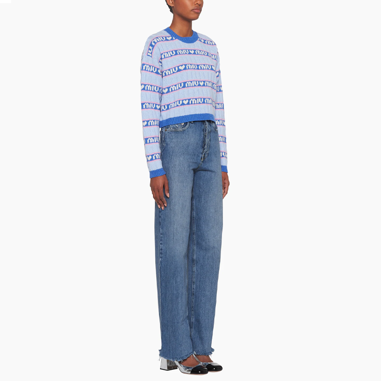 Purchase (Women) MIU MIU  Blue Logo Striped Lambswool Pullover Sweater. MML427-1RR1-F0013