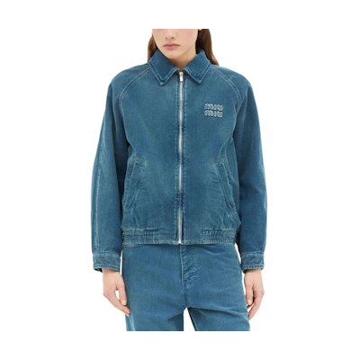 (Women) MIU MIU Blue Logo Zipper Jacket with Raglan Sleeves. ML1152-16DF-F0013