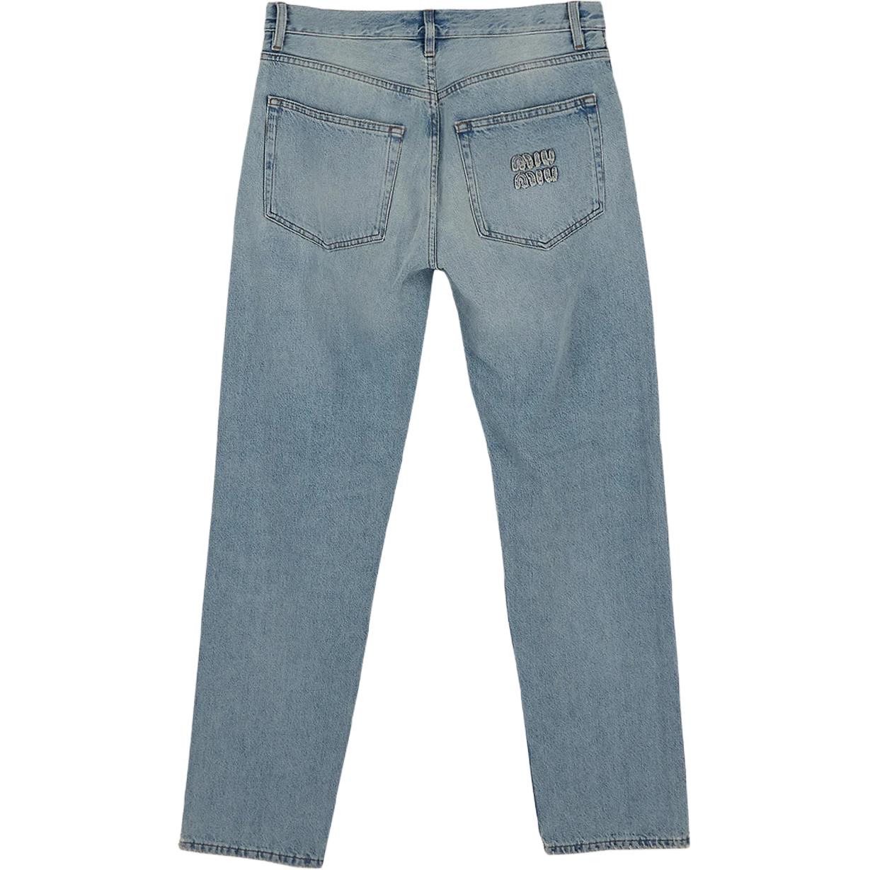 Lookbook (W) MIU MIU Jeans Denim Biru Mid-Rise Loose Fit dengan Kantong Beresleting. GWP503-14QU-F0013