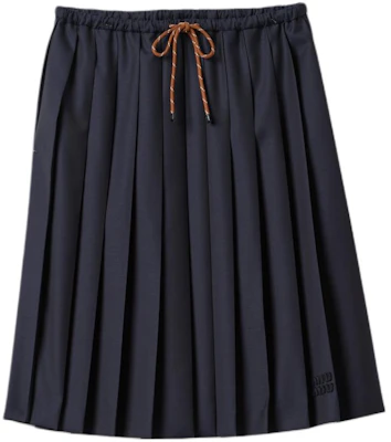 (Women) MIU MIU Blue Pleated Drawstring Long Casual Skirt with Logo Embroidery MG2237-11AD-F0008-S-OOO Order (Women) MIU MIU Blue Pleated Drawstring Long Casual Skirt with Logo Embroidery MG2237-11AD-F0008-S-OOO