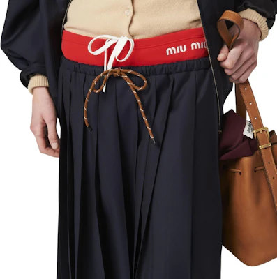 (Women) MIU MIU Blue Pleated Drawstring Long Casual Skirt with Logo Embroidery MG2237-11AD-F0008-S-OOO Purchase (Women) MIU MIU Blue Pleated Drawstring Long Casual Skirt with Logo Embroidery MG2237-11AD-F0008-S-OOO