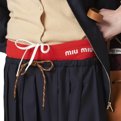 (Women) MIU MIU Blue Pleated Drawstring Long Casual Skirt with Logo Embroidery MG2237-11AD-F0008-S-OOO Details for (Women) MIU MIU Blue Pleated Drawstring Long Casual Skirt with Logo Embroidery MG2237-11AD-F0008-S-OOO