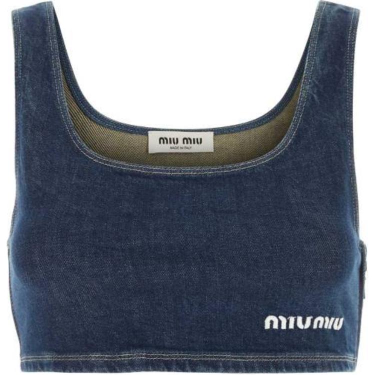 (Women) MIU MIU  Blue Sleeveless Cropped Tank with Letter Print. GWT062-143X-F0008-S-OOO