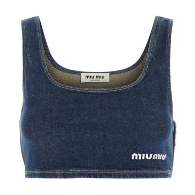 (Women) MIU MIU Blue Sleeveless Cropped Tank with Letter Print. GWT062-143X-F0008-S-OOO