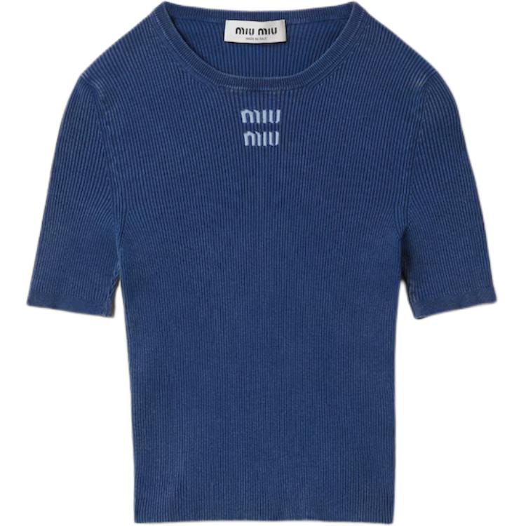 (Women) MIU MIU  Blue Slim-Fit Knit Top with Logo Letter Inlay. MML948-1468-F0008-S-OOO