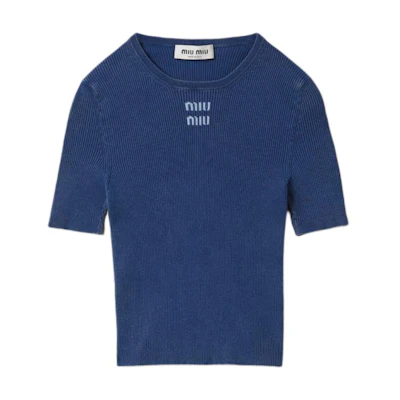 (Women) MIU MIU Blue Slim-Fit Knit Top with Logo Letter Inlay. MML948-1468-F0008-S-OOO