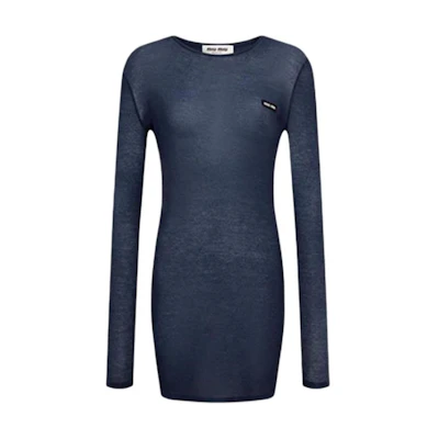 (Women) MIU MIU Blue Slim-Fit Long-Sleeve Short Dress FW24. MJA842-14RN-F0008-S-231