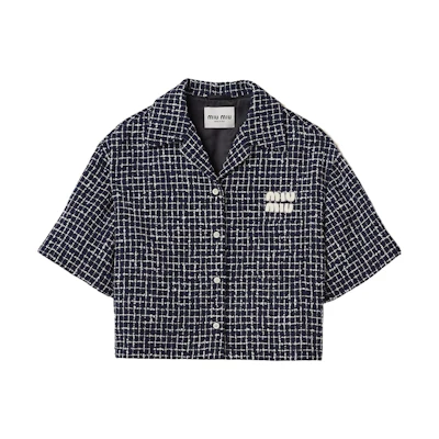 (Women) MIU MIU Blue SS24 Logo Tweed Short-Sleeve Plaid Cropped Jacket. MH1916-14HQ-F069Q-S-OOO