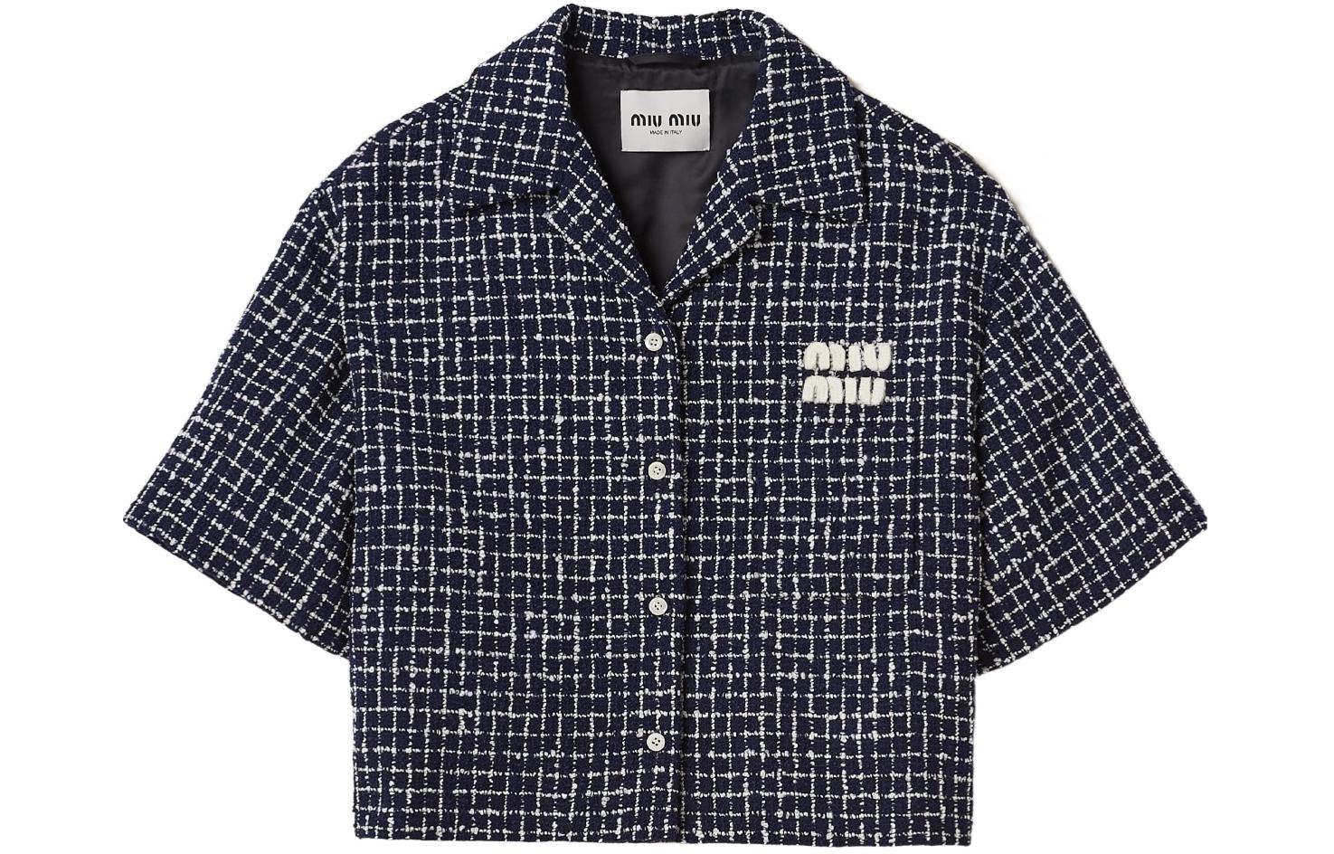 (Women) MIU MIU  Blue SS24 Logo Tweed Short-Sleeve Plaid Cropped Jacket. MH1916-14HQ-F069Q-S-OOO 圖 2