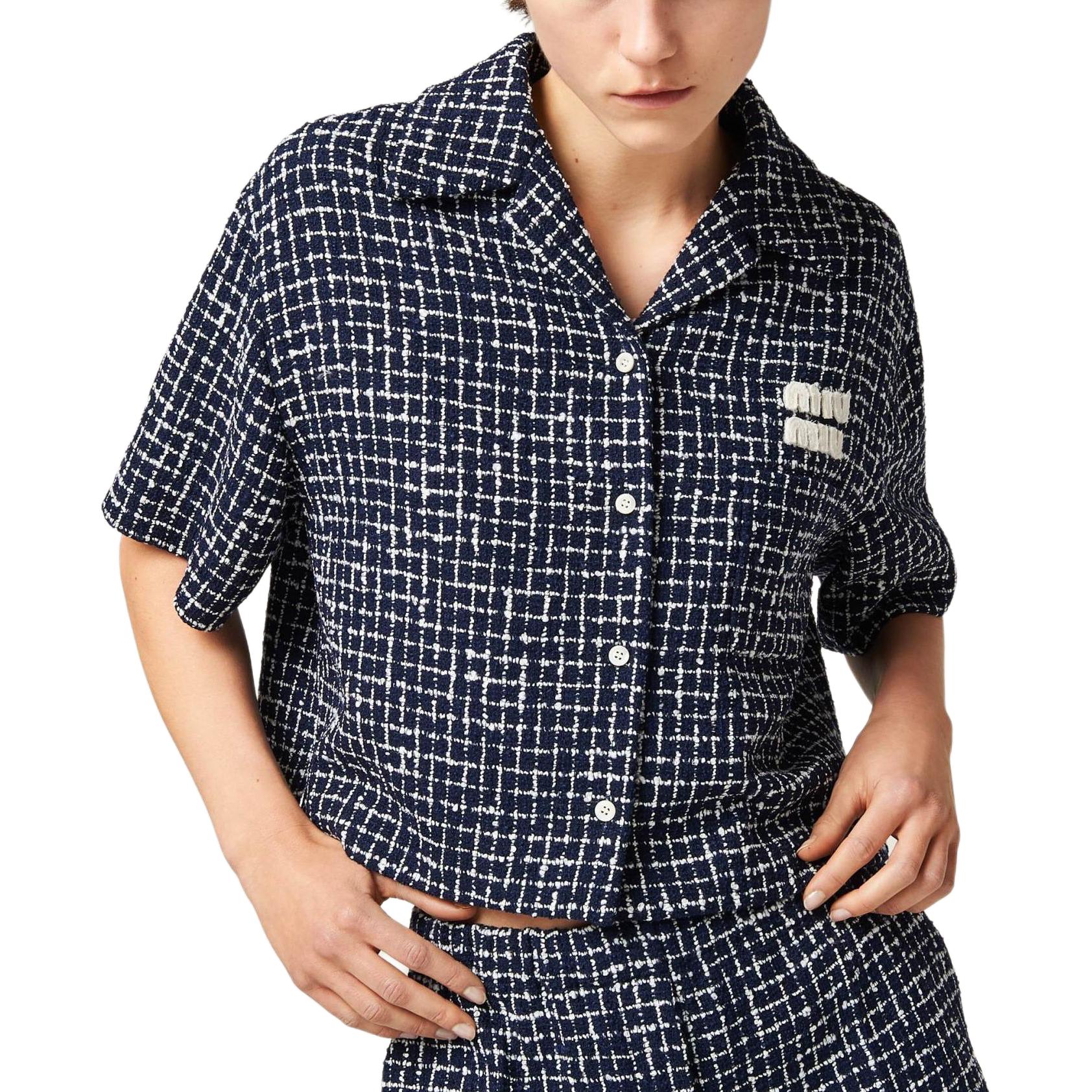 (Women) MIU MIU  Blue SS24 Logo Tweed Short-Sleeve Plaid Cropped Jacket. MH1916-14HQ-F069Q-S-OOO 圖 5