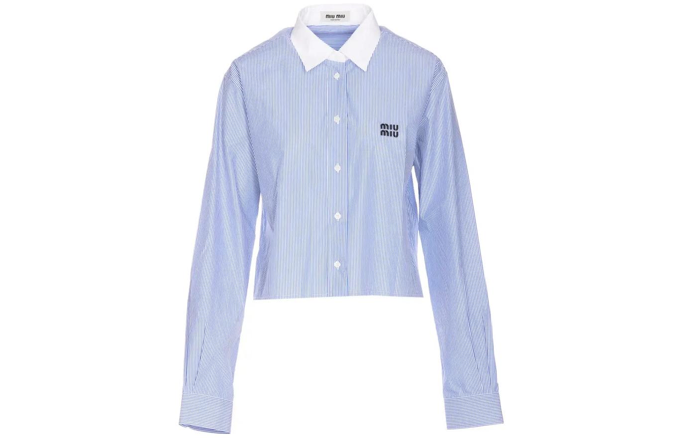 (Women) MIU MIU  Blue Striped Collared Long Sleeve Fitted Crop Shirt MK1833SOOO139CF0X75