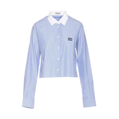 (Women) MIU MIU Blue Striped Collared Long Sleeve Fitted Crop Shirt MK1833SOOO139CF0X75