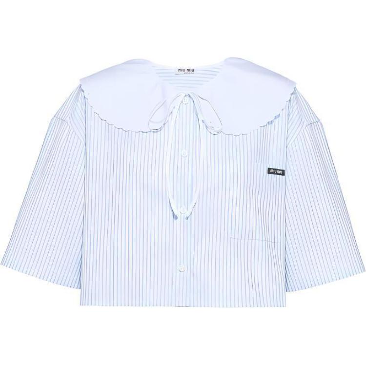 (Women) MIU MIU  Blue Striped Printed Short-Sleeve Cropped Sun Shirt MK1621-10MI-F0012