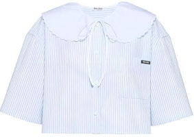(Women) MIU MIU Blue Striped Printed Short-Sleeve Cropped Sun Shirt MK1621-10MI-F0012 (Women) MIU MIU Blue Striped Printed Short-Sleeve Cropped Sun Shirt MK1621-10MI-F0012