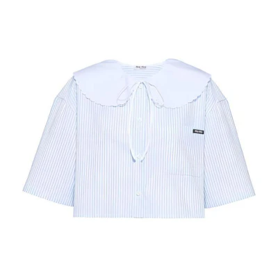 (Women) MIU MIU Blue Striped Printed Short-Sleeve Cropped Sun Shirt MK1621-10MI-F0012