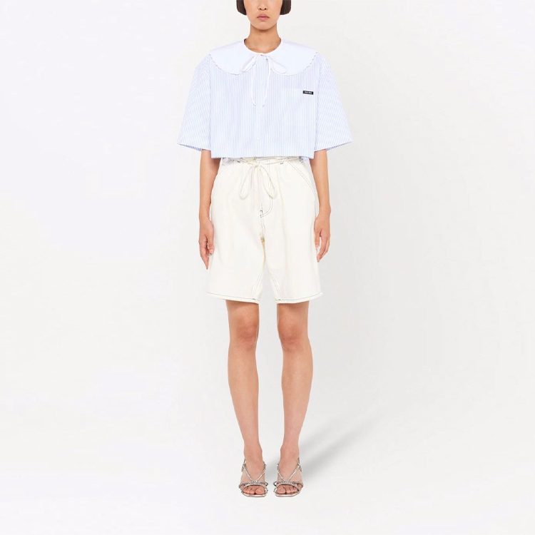 Lookbook (W) MIU MIU Baju Pendek Garis Biru Lengan Pendek Cropped MK1621-10MI-F0012