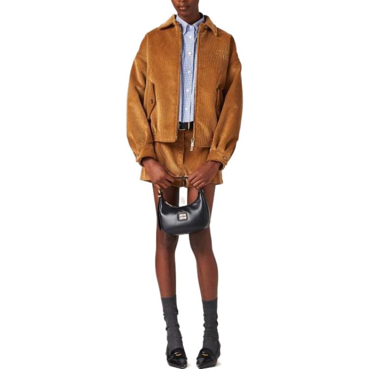 Lookbook (W) MIU MIU Jaket Zip-Up Coklat Sulam Huruf dengan Rekaan Berkolar. ML9611-3MD-F0346-S-232