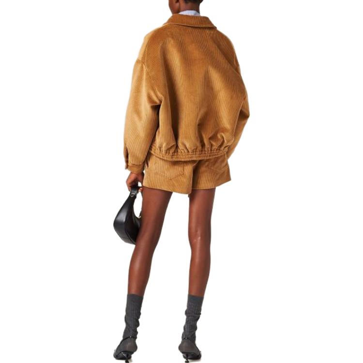 Shop (W) MIU MIU Jaket Zip-Up Coklat Sulam Huruf dengan Rekaan Berkolar. ML9611-3MD-F0346-S-232