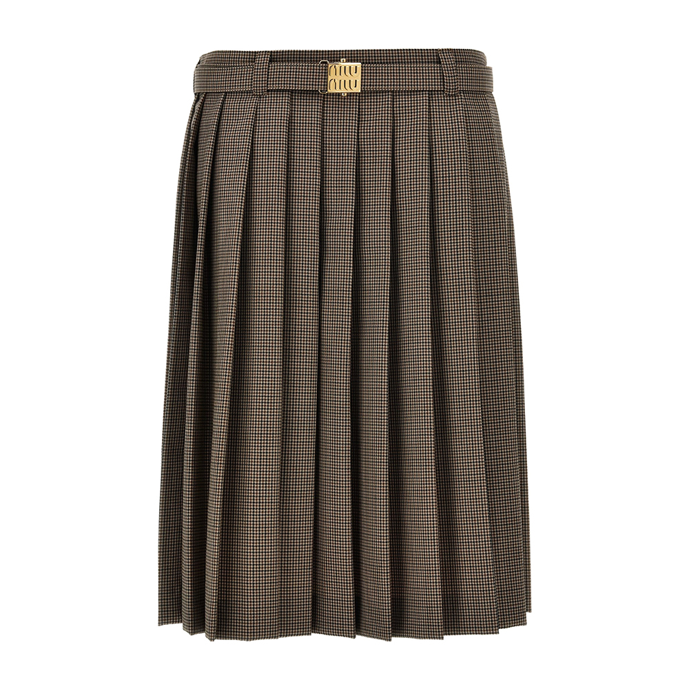 (Women) MIU MIU  Brown Pleated Midi Skirt with Belt Casual Style. MG2031-15PJ-F0005-S-232