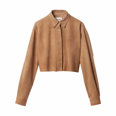 (Women) MIU MIU Camel Brown Letter Print Short Jacket with Pointed Collar. MPC195-104R-F0418-S-OOO