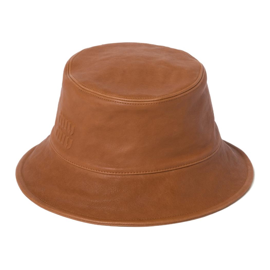 (Women) MIU MIU  Caramel Leather Bucket Hat with Letter Decoration 5HC1962BBL