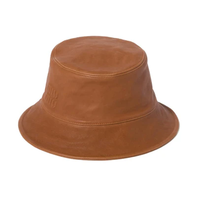 (Women) MIU MIU Caramel Leather Bucket Hat with Letter Decoration 5HC1962BBL