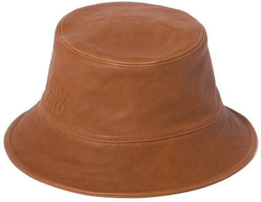 (Women) MIU MIU Caramel Leather Bucket Hat with Letter Decoration 5HC1962BBL Order (Women) MIU MIU Caramel Leather Bucket Hat with Letter Decoration 5HC1962BBL