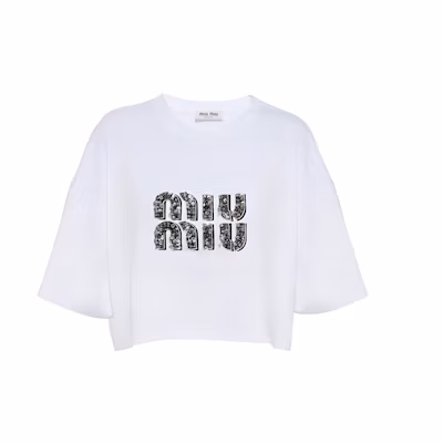 (Women) MIU MIU Casual Letter Print Short Sleeve T-Shirt White. MJN42612IOF0QMM
