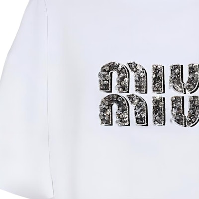 (W) MIU MIU Kaos Putih Lengan Pendek Cetak Huruf Kasual. MJN42612IOF0QMM Details for (W) MIU MIU Kaos Putih Lengan Pendek Cetak Huruf Kasual. MJN42612IOF0QMM