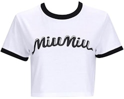 (Women) MIU MIU Colorblock Logo Print Short Sleeve Crewneck T-Shirt White. MJN520-14ES-F0964 (Women) MIU MIU Colorblock Logo Print Short Sleeve Crewneck T-Shirt White. MJN520-14ES-F0964