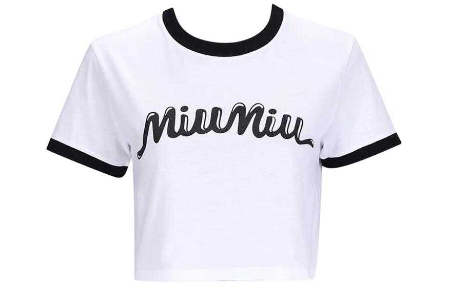 Order (W) MIU MIU 拼色徽标印花短袖圆领T恤 白色. MJN520-14ES-F0964