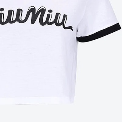 (W) MIU MIU 拼色徽标印花短袖圆领T恤 白色. MJN520-14ES-F0964 Details for (W) MIU MIU 拼色徽标印花短袖圆领T恤 白色. MJN520-14ES-F0964