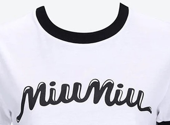 (W) MIU MIU 拼色徽标印花短袖圆领T恤 白色. MJN520-14ES-F0964 Sizing (W) MIU MIU 拼色徽标印花短袖圆领T恤 白色. MJN520-14ES-F0964