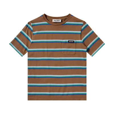 (Women) MIU MIU Colorblock Striped Logo Crewneck Tee - Blue Gray MJN537-14RT-F03SN-S-OOO