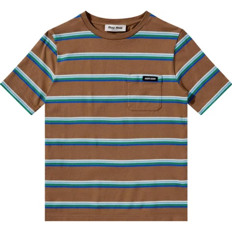 Order (Women) MIU MIU  Colorblock Striped Logo Crewneck Tee - Blue Gray MJN537-14RT-F03SN-S-OOO