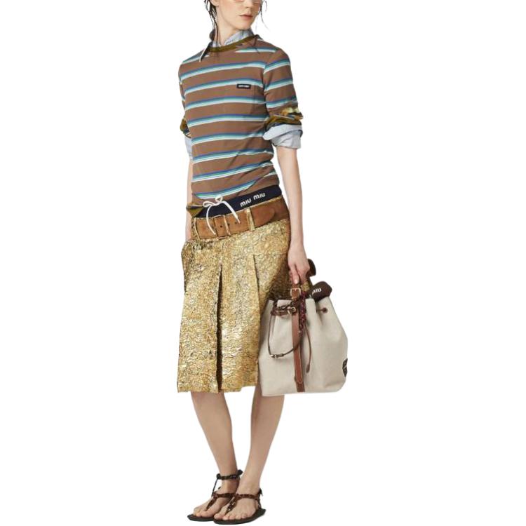 Shop (Women) MIU MIU  Colorblock Striped Logo Crewneck Tee - Blue Gray MJN537-14RT-F03SN-S-OOO