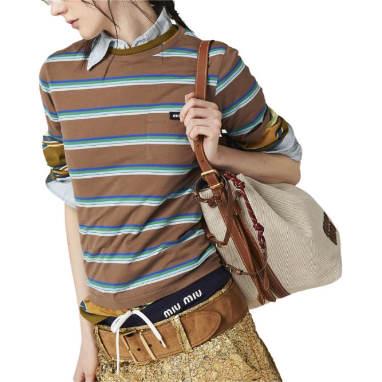 Details for (Women) MIU MIU  Colorblock Striped Logo Crewneck Tee - Blue Gray MJN537-14RT-F03SN-S-OOO