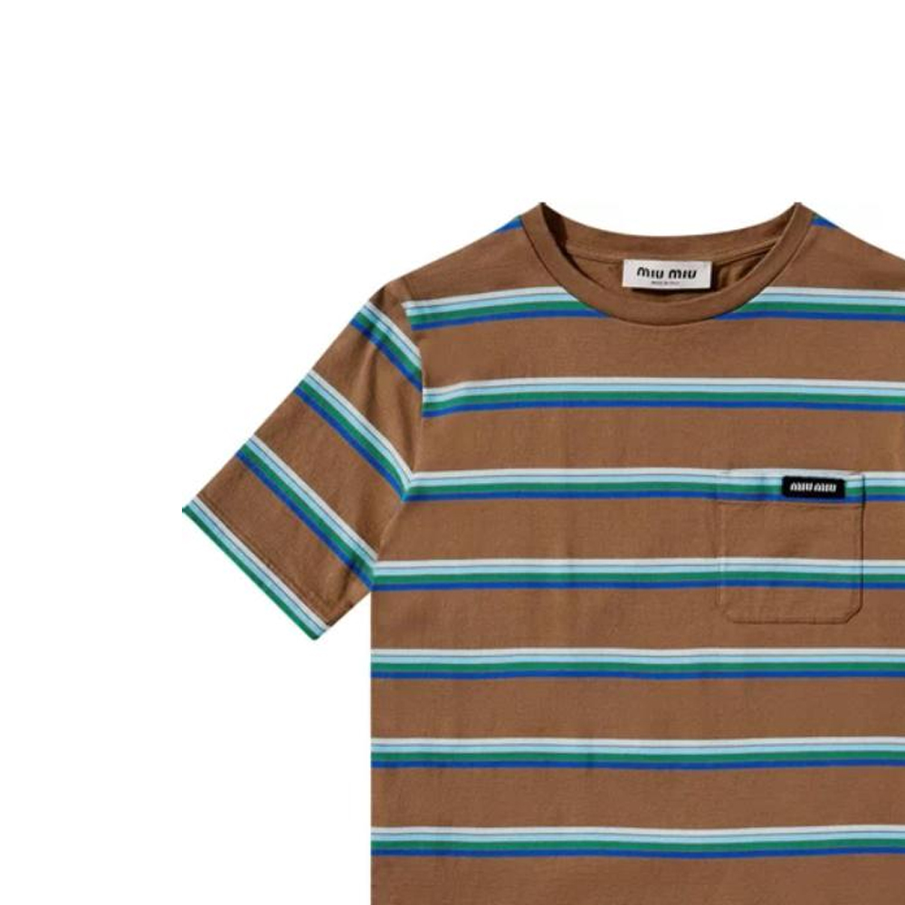 Sizing (Women) MIU MIU  Colorblock Striped Logo Crewneck Tee - Blue Gray MJN537-14RT-F03SN-S-OOO