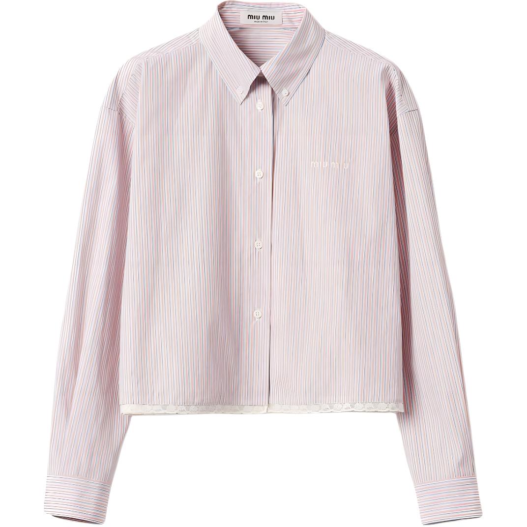 (Women) MIU MIU  Coral Striped Button-Up Long-Sleeve Shirt with Pointed Collar. MK1765-15AK-F0J3D-S-232