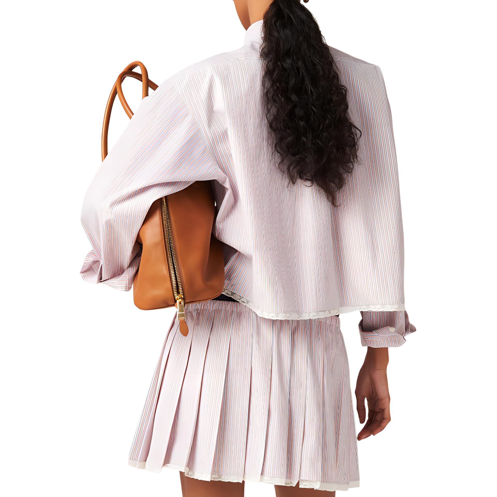 Shop (W) MIU MIU Baju Lengan Panjang Berjalur Coral dengan Kolar Runcing. MK1765-15AK-F0J3D-S-232