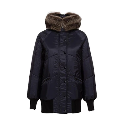 (Women) MIU MIU Dark Blue Parka with Fur Collar and Color Block Design ML500-1PTQ-F0008