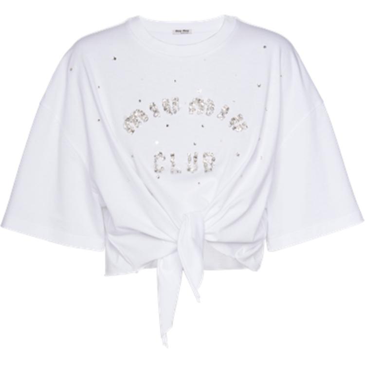 (Women) MIU MIU  Embroidered Cotton Knit Crop Top White. MJN364-10OS-F0009