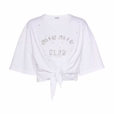 (Women) MIU MIU Embroidered Cotton Knit Crop Top White. MJN364-10OS-F0009