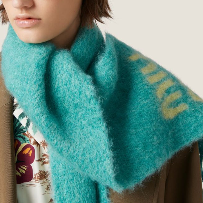 (Women) MIU MIU  Embroidered Logo Wool Scarf - Blue. 5FS0622CQD 圖 4