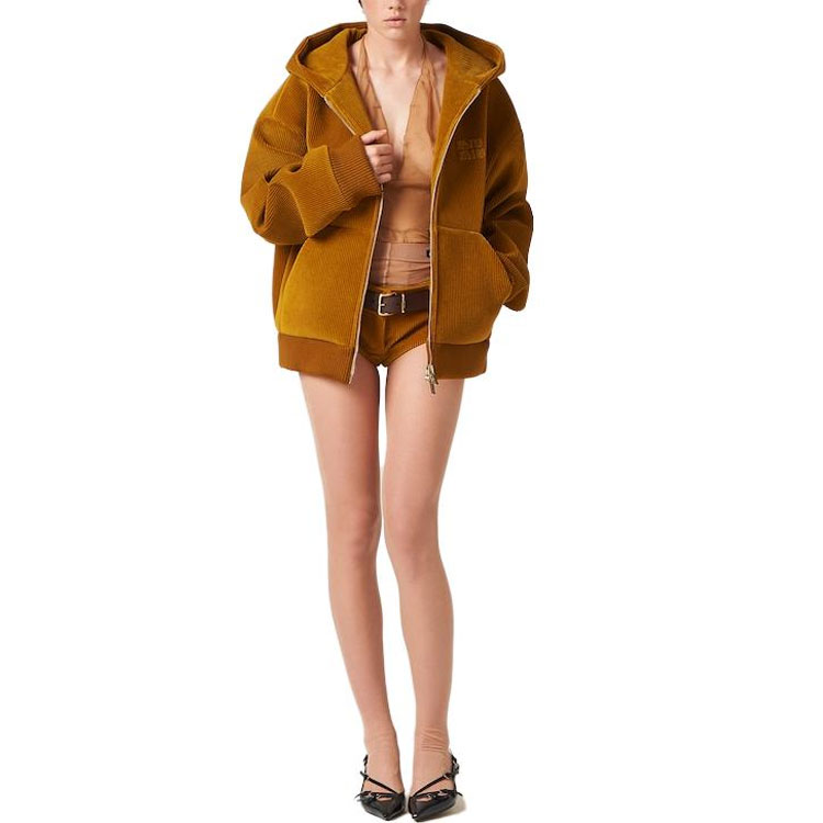 Lookbook (Women) MIU MIU  Embroidered Logo Zipper Jacket in Ochre Color. ML991-13OR-F0091-S-232
